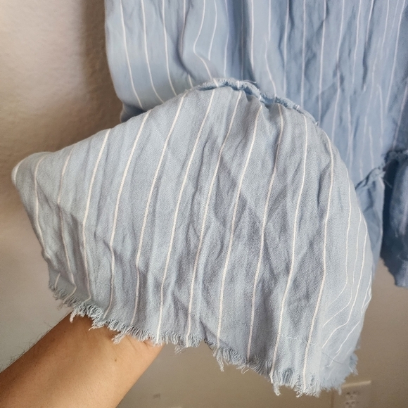 Umgee Power Blue Pinstripe Frayed Ruffle Dress Mino Boho Chic Nautical M - Picture 9 of 11